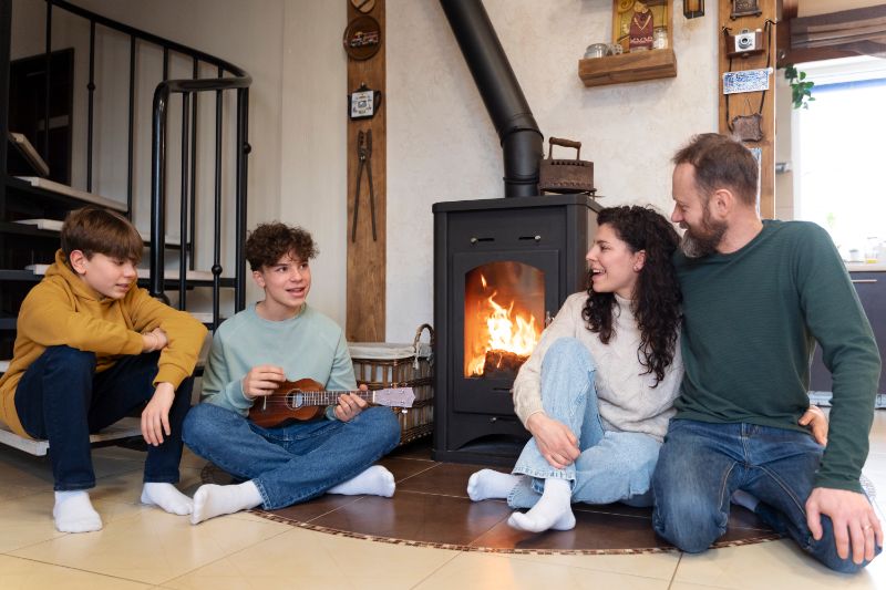 Man en vrouw met twee kinderen zitten knus aan de kachel